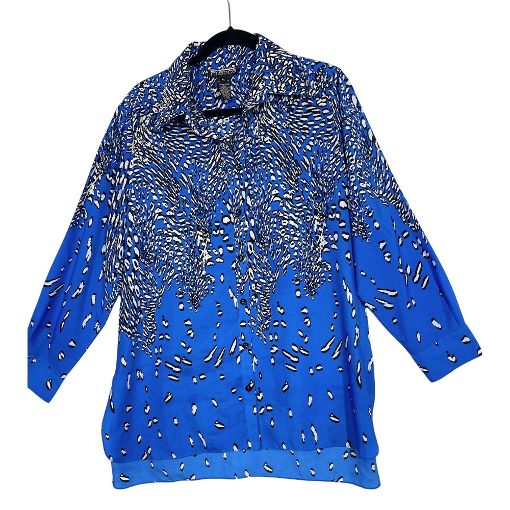 Mishca Button Down Blouse Womens XL Blue Animal Print Long‎ Sleeve Bold